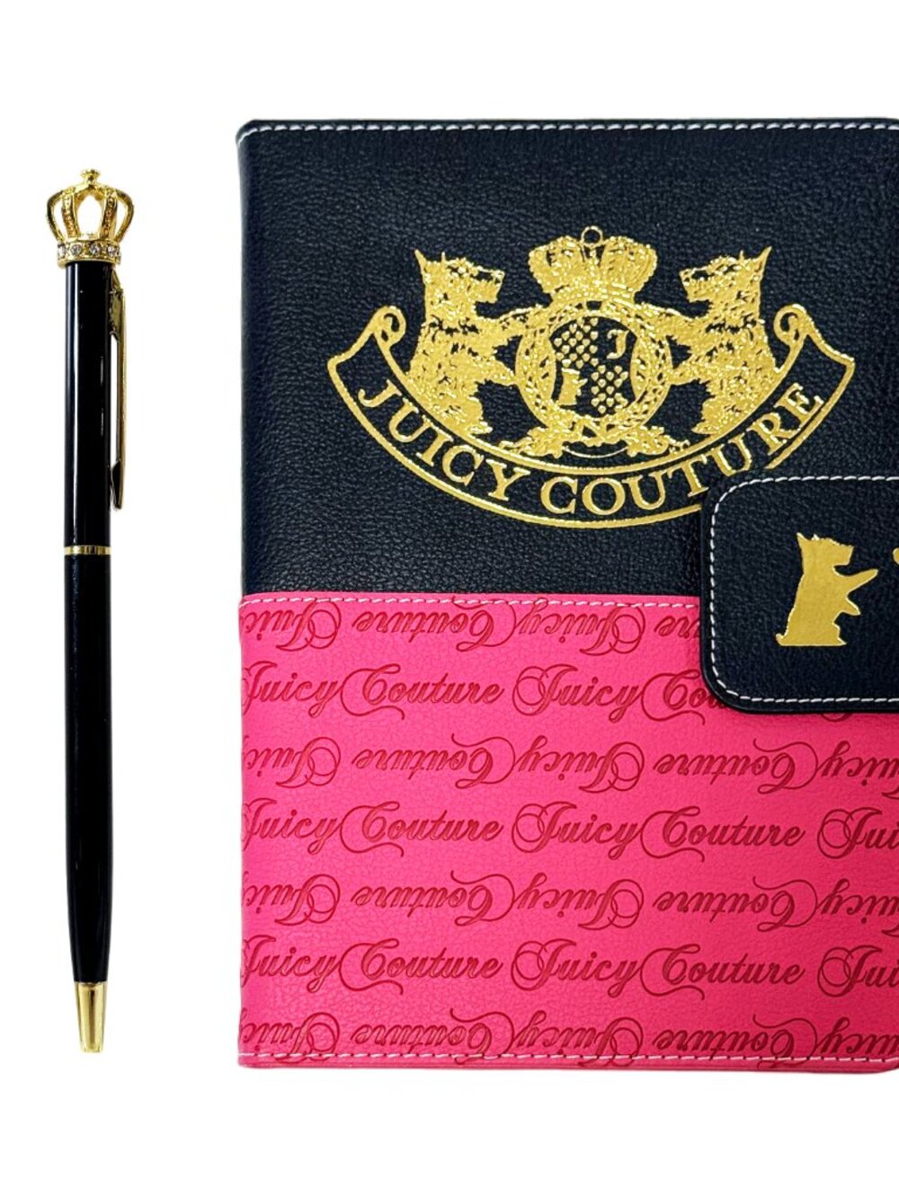 Juicy Couture Terrier Leather Journal in Black/Hot Pink with Crown Pen